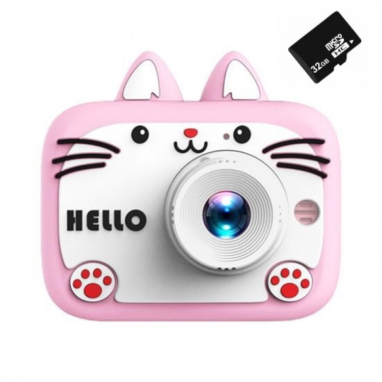 Çocuk Fotoğraf Makinesi  Sevimli Pati Kılıflı Dijital Selfie Kamera + 32gb Hafıza Kartı