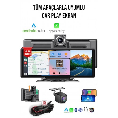 10.2" İnç CarPlay & Android Auto Araç Ekranı | 4K Çift Kameralı | 128GB Kart Destekli