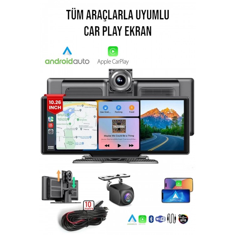 10.2" İnç CarPlay & Android Auto Araç Ekranı | 4K Çift Kameralı | 128GB Kart Destekli