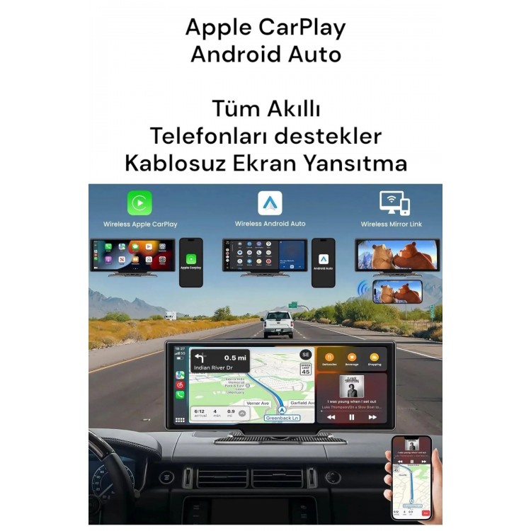 10.2" İnç CarPlay & Android Auto Araç Ekranı | 4K Çift Kameralı | 128GB Kart Destekli