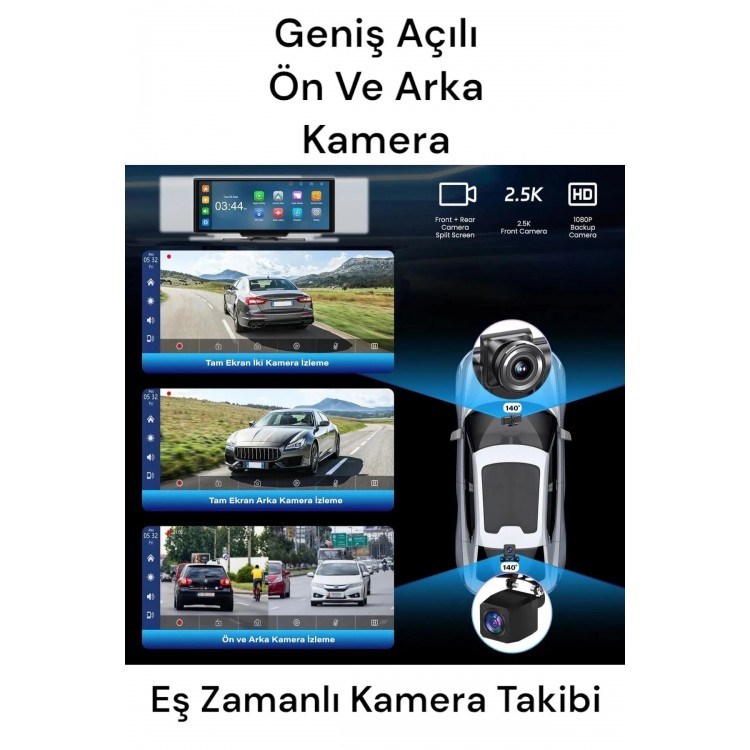 10.2" İnç CarPlay & Android Auto Araç Ekranı | 4K Çift Kameralı | 128GB Kart Destekli