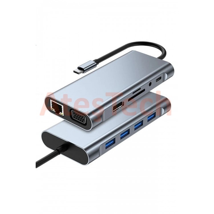 11-in-1 Type-C Çoklayıcı Adaptör | HDMI 4K – VGA – LAN – USB – SD Kart Okuyucu