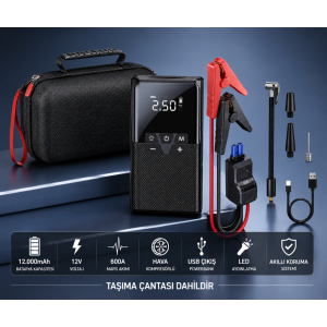 12.000 mAh Şarjlı Akü Takviye Cihazı ve Hava Kompresörü Lastik Şişirme Pompası + Çanta Dahil
