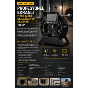  Profesyonel Ekranlı Kameralı Yılan Kanalizasyon Kamerası Sondaj Kamerası Fiber Kablo 20 / 30 / 50 Metre – 1080P