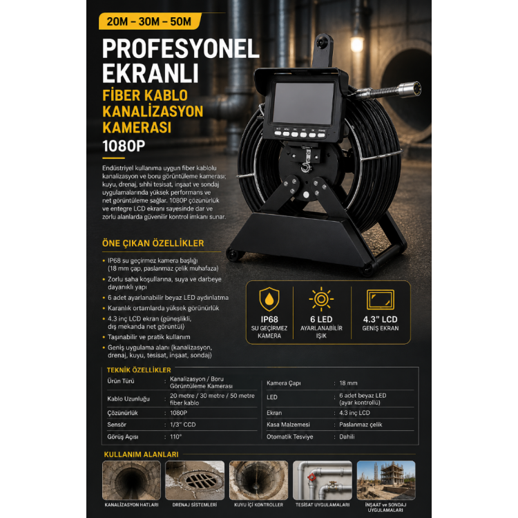 Profesyonel Ekranlı Kameralı Yılan Kanalizasyon Kamerası Sondaj Kamerası Fiber Kablo 20 / 30 / 50 Metre – 1080P