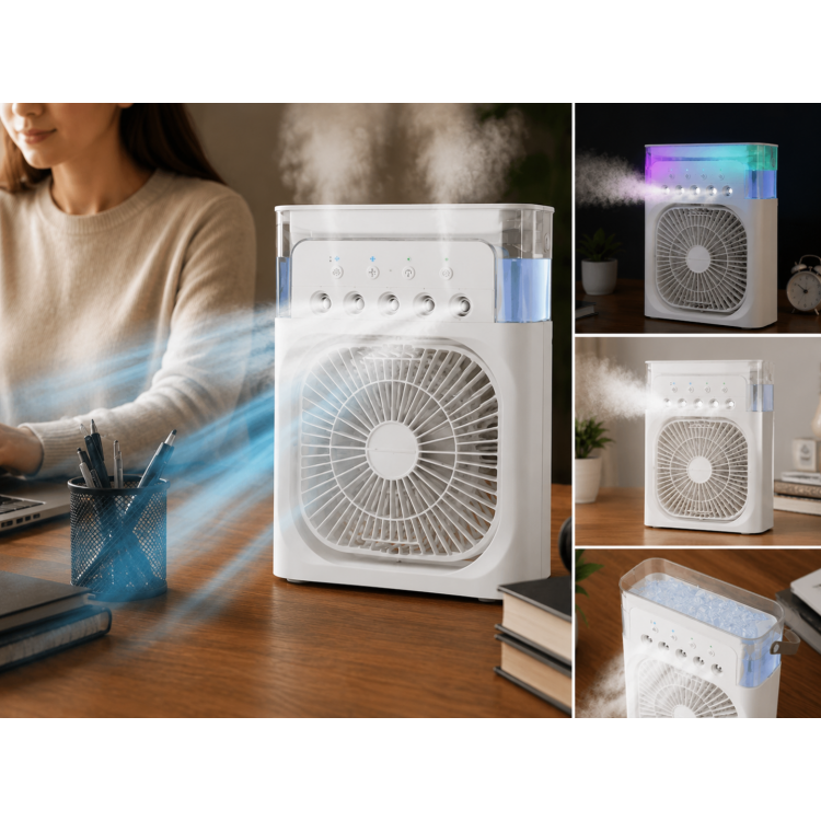 Buzlu Mini Klima Fanı 600 ml Su Hazneli 5 Nozul Spreyli Buharlı Masaüstü Vantilatör LED Işıklı