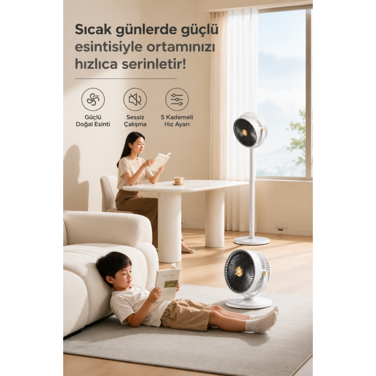Şarjlı Ayaklı ve Masaüstü Vantilatör 5 Kademeli Sessiz Kablosuz Fan Ayarlanabilir Taşınabilir