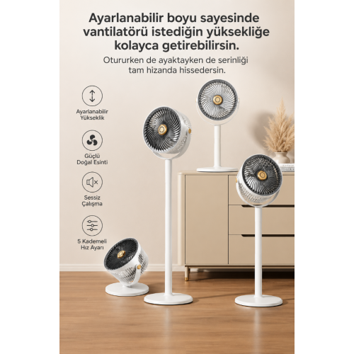 Şarjlı Ayaklı ve Masaüstü Vantilatör 5 Kademeli Sessiz Kablosuz Fan Ayarlanabilir Taşınabilir