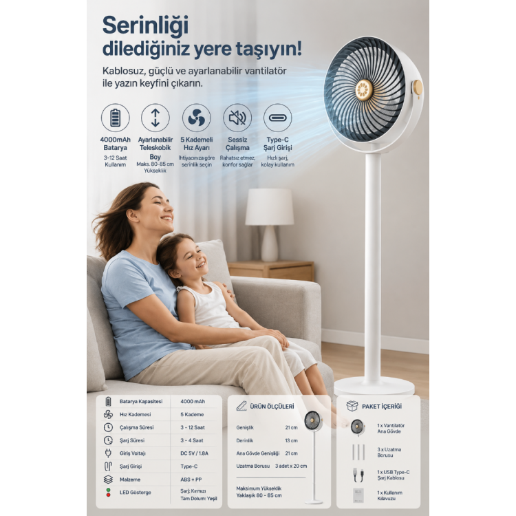 Şarjlı Ayaklı ve Masaüstü Vantilatör 5 Kademeli Sessiz Kablosuz Fan Ayarlanabilir Taşınabilir
