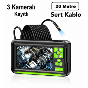 Su Geçirmez  HD Ekranlı 3 Kameralı  Endoskop Yılan Kamera Sert Kablo | , LED Işıklı - KART GİRİŞLİ Çantalı