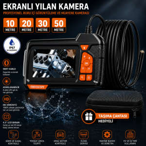 HD Ekranlı Su Geçirmez Endoskop Boroscope Kamera Muayene Kamerası Sert Kablo | , LED Işıklı - Çantalı