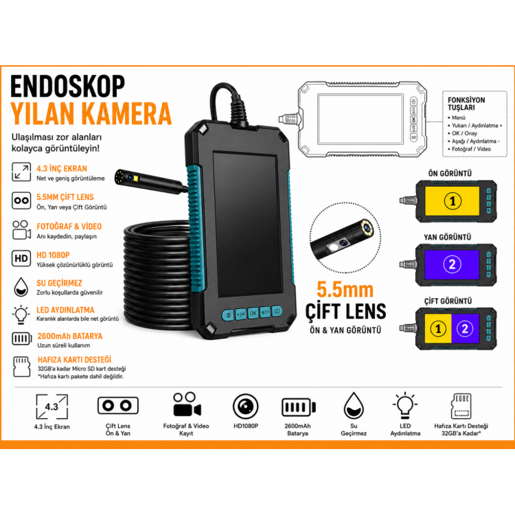 10 Metre Ekranlı Endoskop Yılan Kamera – 5.5mm Çift Lensli HD 1080P Görüntüleme - Çift Kamera