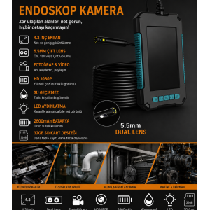 10 Metre Ekranlı Endoskop Yılan Kamera – 5.5mm Çift Lensli HD 1080P Görüntüleme - Çift Kamera