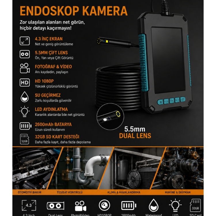 10 Metre Ekranlı Endoskop Yılan Kamera – 5.5mm Çift Lensli HD 1080P Görüntüleme - Çift Kamera