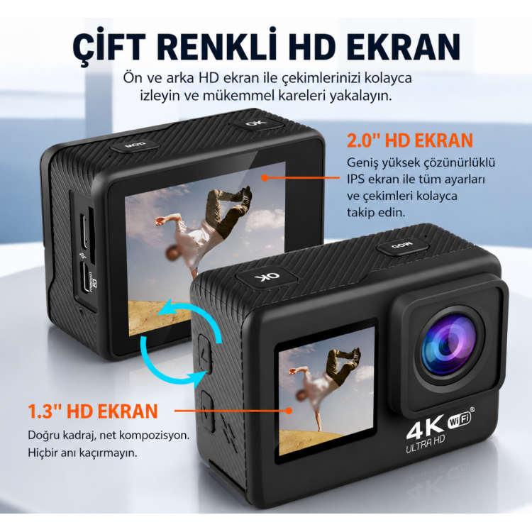 4K Ultra HD WiFi Aksiyon Kamerası Çift Ekranlı 30 Metre Su Geçirmez Uzaktan Kumandalı Aksiyon Kamera 4K Ultra HD WiFi Aksiyon Kamerası Çift Ekranlı 30 Metre Su Geçirmez Uzaktan Kumandalı Aksiyon Kamera