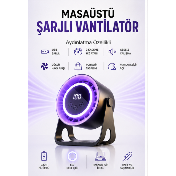 AteşTech USB Şarjlı Masaüstü Vantilatör Dijital Ekranlı LED Işıklı Sessiz Mini Fan 360° Ayarlanabilir