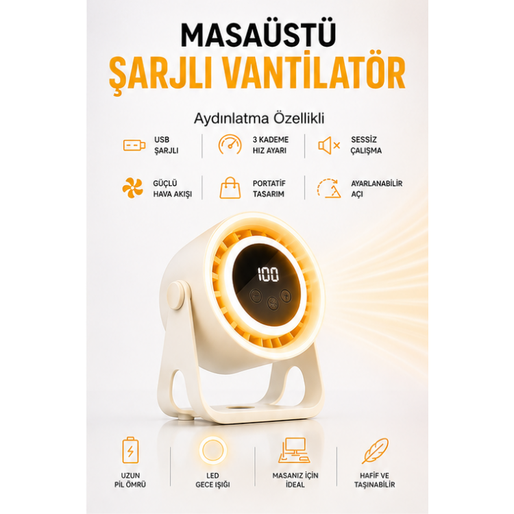 AteşTech USB Şarjlı Masaüstü Vantilatör Dijital Ekranlı LED Işıklı Sessiz Mini Fan 360° Ayarlanabilir